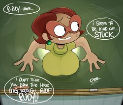 1girls big_breasts breasts brown_hair chalkzone dialogue earrings female glasses glory_wall huge_breasts imminent_rape large_breasts name_drop nickelodeon ota_(artist) penny_sanchez portal short_hair speech_bubble stuck stuck_in_wall sweat text through_wall