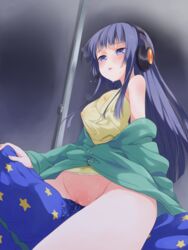 1girls big_breasts blue_eyes blue_hair blush bottomless breasts camisole clothed_masturbation clothing crotch_rub decensored erect_nipples erect_nipples_under_clothes female female_only grinding headphones highres long_hair masturbation off_shoulder open_mouth outercourse pajamas pillow pillow_humping pussy pussy_juice solo sora_no_method sweat takano_natsuki togawa_shione uncensored