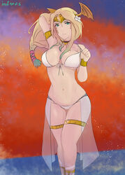 1girls adjusting_hair alternate_costume bikini blonde_hair fire_emblem fire_emblem:_three_houses green_eyes in2naps long_hair looking_at_viewer medium_breasts multicolored_hair nintendo rhea_(fire_emblem) see-through seiros_(fire_emblem) solo sunset swimsuit veil white_bikini white_swimsuit