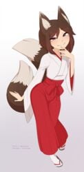 2_tails akimi_(neoraider) animal_ears artist_name brown_hair female fox_girl fox_tail hakama high_resolution merunyaa miko multiple_tails patreon_username pixiv_username purple_eyes standing tabi tail