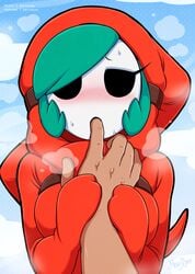 1boy 1girls 2019 artist_name artist_signature bangs beltbra blush borrowed_character breasts clothing cloud dated dress female female_focus finger_in_mouth finger_sucking genderswap_(mtf) green_hair half-closed_eyes heavy_breathing hollow_eyes hooded_dress large_breasts long_sleeves looking_at_viewer male mario_(series) mask merunyaa nintendo no_nose nose_blush outdoors patreon_username phallic_symbol pixiv_username pov red_dress rule_63 sexually_suggestive shy_gal signature sky sleeves_past_wrists solo_focus sweat swept_bangs watermark