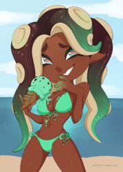 beach bikini breasts chocolate_mint_ice_cream cleavage dark-skinned_female dark_skin female female_only food green_eyes ice_cream marina_(splatoon) merunyaa navel nintendo octarian octoling octopus_girl outdoors seifumeru solo splatoon splatoon_2 swimsuit tumblr_username web_address