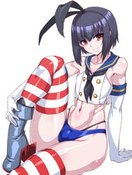 1boy 2021 abs armwear bare_shoulders belly black_thong blue_shorts boots bulge collarbone cosplay crossdressing crossplay eyebrows_visible_through_hair femboy gloves grey_boots high_heel_boots highleg horizontal-striped_legwear leg_up legwear long_gloves male male_only midriff mimizu_(tokagex) navel original original_character shimakaze-kun shimakaze_(kantai_collection)_(cosplay) short_hair short_shorts shorts simple_background sitting solo striped_legwear thick_thighs thighhighs thighs thong white_armwear white_background white_gloves yellow_eyes