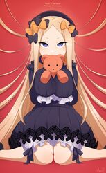 2018 abigail_williams_(fate) artist_name artist_signature black_bow black_dress black_hair_bow black_hair_ornament black_hat blonde_hair bloomers blue_eyes bow dated dress fate/grand_order fate_(series) female female_only gothic_lolita hair_ornament hairbow hat high_resolution holding_toy lolita_fashion long_hair long_sleeves merunyaa orange_bow patreon_username pixiv_username polka_dot polka_dot_bow sleeves_past_wrists solo stuffed_animal stuffed_toy teddy_bear underwear white_bloomers