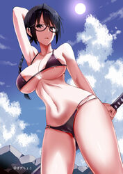 1girls alternate_eye_color areola_slip areolae arm_behind_head arm_up armpits bangs big_breasts bikini black_hair bleach braid braided_ponytail breasts brown_eyes camera clouds cropped_legs curvaceous curvy curvy_body curvy_female curvy_figure eyewear female female_only front_view gibuchoko glasses holding_object holding_weapon katana light-skinned_female lisa_yadomaru long_hair midriff outdoors ponytail posing shiny shiny_hair shiny_skin sky solo solo_focus standing sun swimsuit sword weapon wet wet_body wet_skin wide_hips yadoumaru_lisa