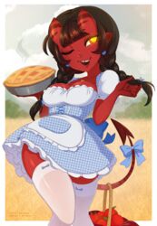 2018 ;q apple apron artist_name artist_signature bangs basket black_hair blue_bow blue_dress blue_earrings bow braid breasts cleavage clothing colored_skin cowboy_shot dark-skinned_female dark_skin dated demon_girl demon_tail dirndl dress eyebrows_visible_through_hair feet_out_of_frame female female_only food freckles fruit german_clothes heart heart_necklace high_resolution horns long_braid long_hair low-tied_long_hair medium_breasts meru_(merunyaa) merunyaa mole mole_under_eye multicolored multicolored_eyes naughty_face one_eye_closed oni_horns onidere original original_character patreon_username pie pixiv_username plaid pointed_ears prehensile_tail puffy_short_sleeves puffy_sleeves red_eyes red_skin short_eyebrows short_sleeves signature solo straight_hair succubus tail tail_bow thighhighs tied_hair tongue tongue_out tooth_gap traditional_clothes twin_braids unmoving_pattern waist_apron watermark white_legwear white_thighhighs yellow_eyes