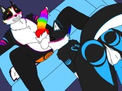 2boys anal_licking ass_eating asshole backsack balls balls_on_face black_fur blue_fur blue_penis blush closed_eyes colored_eyebrows cum cumming dan_(deadtale) deadtale fang_(deadtale) furry knot pleasured rainbow_fur rainbow_penis rimming riskaver_(artist) white_fur yiff