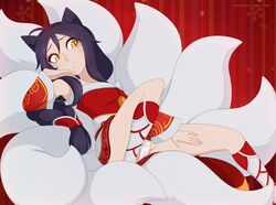 ahoge ahri animal_ears artist_name bangs black_hair erect_nipples female female_only footwear fox_tail kitsunemimi korean_clothes league_of_legends long_hair merunyaa monster_girl multiple_tails nipples panchira panchira_(sitting) pantsu pettanko red_background simple_background sitting solo swept_bangs tail tumblr_username underwear upskirt web_address whisker_markings white_fur yellow_eyes