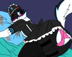 1boy bedroom big_ass black_fur black_nose black_ribbon blue_background blue_bed_sheet blue_fur blue_pillow blushing bulge cute deadtale eyebrows fang_(deadtale) fishnet_stockings furry furry_only long_gloves maid_uniform pink_panties red_ribbons riskaver_(artist) showing_panties simple_background skirt tail_up white_fur winking wolf yiff