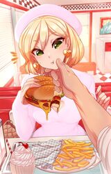 1boy 1girls 2020 artist_name artist_signature bag blonde_hair blush breasts cleavage cleavage_cutout clothing_cutout date dated dinner_date earrings female food french_fries green_eyes hamburger handbag hat heart_cutout high_resolution indoors jewelry long_sleeves male merunyaa milkshake nail_polish original patreon_username pink_nails pixiv_username pov safe sammy_(bestsammy) short_hair sitting sleeves_past_wrists sweatdrop wholesome