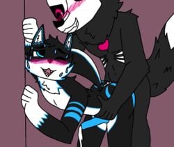 big_ass black_fur black_nose blue_eyes blue_fur blue_penis blushing closed_eye creampie cum_dripping cumming_from_anal_sex deadtale dirtyriskaver fang_(deadtale) furry furry_only hands_on_wall knot mouth_open pink_background pleasured riskaver_(artist) smiling sweating tail_up white_fur wolf