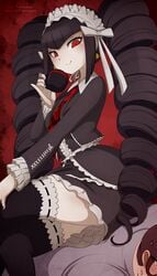 1boy 1girls 2018 artist_name artist_signature black_hair blush brown_hair celestia_ludenberg crossed_legs cup danganronpa dated dress drill_hair female female_focus femdom high_resolution holding human human_chair human_furniture long_hair looking_at_viewer looking_down male merunyaa nail_polish necktie out_of_frame patreon patreon_username pixiv_username red_eyes short_hair sitting sitting_on_person smile smooth_skin sweat thighhighs white-skinned_female