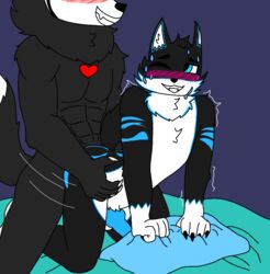 2boys anal_penetration anal_sex bedroom big_ass black_fur blue_background blue_bed_sheet blue_eyes blue_fur blue_pillow blush cadaver_(skulldog) deadtale fang_(deadtale) furry furry_only male/male male_penetrated muscles muscular_male pleasured riskaver_(artist) shaking smiling sweating tail_up white_fur yiff