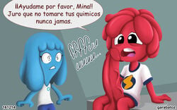 1boy 1girls bello_(jelly_jamm) big_penis blue_body blue_skin garabatoz grey_background huge_cock jelly_jamm looking_at_penis mina_(jelly_jamm) penis_awe red_body red_skin simple_background small_but_hung spanish_text tagme text text_bubble