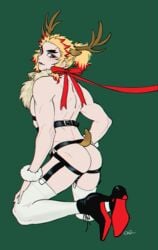 alternate_costume ambush_(trap) antlers ass back_view blonde_hair christmas demon_slayer garter_belt garter_straps high_heels kimetsu_no_yaiba kneeling leash leather leather_straps looking_back male male_only muscular_male ponytail reindeer_antlers reindeer_costume reindeer_ears rengoku_kyoujurou solo stockings tail thick_eyebrows thighhighs two_tone_hair wrist_scrunchie