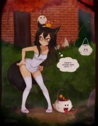 2018 animal_ears artist_name artist_signature black_hair breasts candy dated fox_girl fox_tail halloween halloween_costume high_resolution megane merunyaa multiple_tails patreon_username pixiv_username red_eyes shinobu_(neoraider) small_breasts tail thighhighs