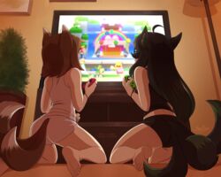 2019 2_tails 3_tails 5:4_aspect_ratio ahoge akimi_(neoraider) animal_ears artist_name artist_signature barefoot blush brown_hair clothing dated feet female fox_girl fox_tail joy-con mario_(series) mario_party merunyaa multi_tail nintendo patreon_username pixiv_username shinobu_(neoraider) soles tail tails television wrist_strap