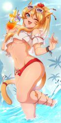 2019 animal_ears aqua_eyes artist_name artist_signature bikini bikini_bottom blonde_hair breasts cat_girl cat_tail dated day drink eyewear_on_head female final_fantasy final_fantasy_xiv floral_print food fruit green_eyes hair_between_eyes hair_ornament high_resolution long_hair looking_at_viewer medium_breasts merunyaa miqo'te navel nekomimi open_mouth outdoors palm_tree patreon_username pixiv_username ponytail red_bikini red_bikini_bottom red_swimsuit shirt sidelocks slit_pupils smile solo standing sunglasses swimsuit tail tied_hair tree underboob water white_shirt