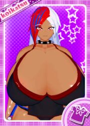 1futa 3d big_breasts bikini blue_hair breast_bigger_than_head breasts cleavage collar dark-skinned_futanari futa_only futanari gigantic_breasts huge_breasts human hyper_breasts intersex koikatsu koikatsu_card large_breasts long_hair multicolored_hair purgatory_brezoianu purgy red_eyes red_hair revealing_clothes solo thick_thighs white_hair