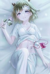 amaroku_neko bandage bandaid blood clothed clothing flower hematolagnia hospital hospital_gown iv linhai pale-skinned_female pale_skin smiling