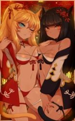 2019 2girls animal_ears artist_name artist_signature bangs bare_shoulders black_bra black_hair black_panties black_underwear blonde_hair blunt_bangs bra breasts cat_tail dated eyebrows_visible_through_hair female female_only final_fantasy final_fantasy_xiv high_resolution long_sleeves looking_at_viewer looking_to_the_side merunyaa miqo'te multiple_girls navel nekomimi open_clothes pantsu patreon_username pixiv_username ponytail red_bra red_panties red_underwear shiny shiny_hair shiny_skin small_breasts tail tied_hair underwear watermark