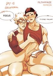 2boys anal anal_sex arm_around_shoulders baseball_cap blonde_hair blonde_hair_on_red_hair blonde_hair_top blush blush_lines book clothing cock_warming condom condom_on_penis dialogue domination eijirou_kirishima english_text filthyfaize gay glasses katsuki_bakugou light_hair_on_dark_hair male male/male male_only male_penetrated male_penetrating male_penetrating_male my_hero_academia on_lap penetration penis penis_in_ass red_hair red_hair_bottom shirt shirt_lift sitting_on_lap speech_bubble spiky_hair sweat sweatdrop text yaoi