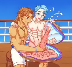 2boys abs acecream animal_genitalia animal_penis aqua_eyes blue_eyes blue_hair brown_hair clam clam_shell clothed_male_nude_male cum cumshot erection gay half-human handjob human humanoid long_hair_male male male_only mollusk mollusk_humanoid muscles muscular_male nude_male pearl_bracelet pearls pecs penis sea smooth_penis smooth_skinned_male urethra what yaoi