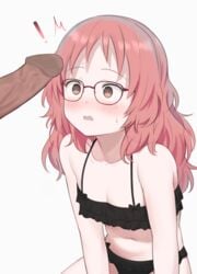 ! 1boy alternate_version_available bangs bare_arms bare_shoulders black_bra black_panties blush bra breasts brown_eyes censored collarbone female glasses grey_background haeil2 highres long_hair mie_(sukinako_ga_megane_wo_wasureta) navel open_mouth pale_skin panties penis penis_awe shiny shiny_hair simple_background solo_focus stomach straight sukinako_ga_megane_wo_wasureta sweat underwear underwear_only white_background