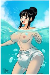 1girls asian asian_female black_hair breasts chichi diaper dragon_ball female large_breasts nipples selene-bunny swimming water