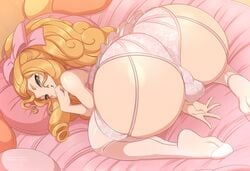 1futa artist_name ass backsack between_legs blonde_hair bow closed_mouth clothed clothing dutch_angle futa_only futanari garter_straps hair_ornament hairbow hand_between_legs high_resolution huge_ass human intersex light-skinned_futanari light_skin lingerie merunyaa mostly_nude original pale_skin pantsu patreon_username penis pillow pink_bow pink_panties pink_pillow pixiv_username shiny shiny_skin smile solo solo_futa testicles thighhighs underwear vagina viewed_from_above