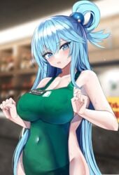 1girls 2020s 2021 absurd_res apron aqua_(konosuba) aqua_eyes aqua_hair armpits backround blurry blurry_background blush breasts cleavage clothing covered_navel eyebrows_visible_through_hair eyes_visible_through_hair female female_only flying_sweatdrops hair_between_eyes hair_ornament hair_rings hanasaka_houcha head_tilt high_resolution highres iced_latte_with_breast_milk indoors kono_subarashii_sekai_ni_shukufuku_wo! lactation lactation_through_clothes lactation_without_expressing large_breasts long_hair looking_at_viewer matching_hair/eyes meme naked_apron name_tag nipple_bulge open_mouth sideboob smile solo standing starbucks sweat sweatdrop tied_hair tongue very_high_resolution very_long_hair wide_hips