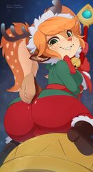 2017 anthro antlers artist_name artist_signature ass bell belt blush boots brown_fur cameltoe cervine christmas christmas_outfit clothing fangs female female_only footwear freckles from_behind fur furry gloves green_eyes grin groin hair high_resolution holidays horn huge_ass league_of_legends looking_at_viewer looking_back mammal merunyaa night oerba_yun_fang orange_hair pants patreon_username pixiv_sample pixiv_username poppy reindeer reindeer_costume ribbon riot_games shirt shortstack smile snow snow_fawn_poppy snowdown_series snowing solo spots striped taut_clothes teasing tied_hair tight_pants twintails vagina video_game winter_wonderland_series yordle