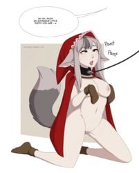 1girls animal_ears areolae artist_name begging begging_pose blush bondage breasts brown_background brown_eyes brown_footwear brown_legwear brown_mittens brown_socks clothing collar dipstick_tail english english_text eyebrows_visible_through_hair eyes_rolled_back female female_only fire_emblem fire_emblem_fates fire_emblem_if footwear full_body functionally_nude functionally_nude_female grey_hair grey_tail half-closed_eyes high_resolution hood human_pet kneeling leash legwear light-skinned light-skinned_female long_hair medium_breasts merunyaa multicolored_hair multicolored_tail naked_hood nintendo nipples nude nude_female onomatopoeia outline paw_pose petgirl petplay red_hood sidelocks simple_background socks solo source_request speech_bubble streaked_hair sweatdrop tail text tongue tongue_out tumblr_username two-tone_background two-tone_hair upper_teeth vagina velouria_(fire_emblem) web_address white_background white_outline wolf_tail