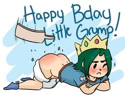 /// androgynous animal_print ass blue_background blue_legwear blue_shirt blue_socks blush cat_print crossed_arms crown diaper diaper_pull elbow_rest frown full_body green_hair happy_birthday headwear kneeling legwear light-skinned medium_hair merunyaa motion_lines one_eye_closed paddle red_rump shirt simple_background socks solo spanking speed_lines star_(symbol) t-shirt tearing_up white_background