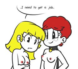 2girls blonde_hair breasts collar collar_tag comic comic_page curly_hair danielle_(xierr099) dialogue female_only ginger_hair leash leash_and_collar lovin’sis medium_breasts multiple_girls naked naked_female nichole_(xierra099) nipples no_color nude nude_female red_hair short_hair small_breasts white_background xierra099