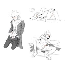 1boy anal anal_masturbation anal_penetration clothed danganronpa danganronpa_2:_goodbye_despair english_text erection male male_focus male_only masturbation nagito_komaeda on_bed precum rerengy solo solo_focus solo_male spread_legs straight_hair text vibrator white_background