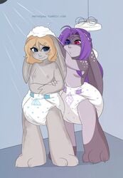 anthro artist_name blonde_hair blue_background blue_eyes breasts diaper diaper_only duo female full_body glasses_removed grey_skin hair_between_eyes heterochromia jakko_(arcanist_jakko) light_smile long_ears long_hair medium_hair merunyaa nipples purple_eyes purple_hair shower simple_background small_breasts soap_bubbles standing suna_(kitsuna) triangle_print tumblr_username water web_address wet_diaper