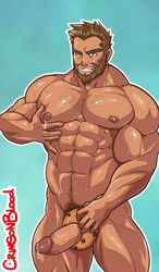 beard blue_eyes chest_hair cookie crimsonblood happy_trail lactating lactation male_lactation male_only muscles muscular_male nipples original_character pec_grab pec_squeeze penetrating_object penis precum pubic_hair scarletblood shiny_skin spiked_hair veiny_muscles