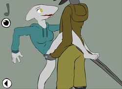 1boy 1futa anal anal_sex anthro bottomless calvin_crow clothed clothing crowjob_in_space darling_shark das dickgirl furry futanari jacket male male_on_futa masturbation partially_clothed shark_girl shark_humanoid shark_tail shark_teeth stand_and_carry_position