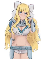 1girls bangs bare_thighs bikini_armor blonde_hair blue_eyes charlotte_(fire_emblem) cleavage fire_emblem fire_emblem_fates in2naps inner_thighs looking_at_viewer medium_breasts nintendo smile solo very_long_hair white_background