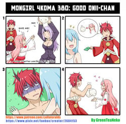 1_horn 2_horns absurdres benimaru_(tensei_shitara_slime_datta_ken) blue_hair bribery condom cum greenteaneko highres horns implied_futanari implied_sex mongirl_4koma page_380 pegging pink_hair purple_eyes purple_hair ranch red_hair rimuru_tempest shion_(tensei_shitara_slime_datta_ken) shuna_(tensei_shitara_slime_datta_ken) tensei_shitara_slime_datta_ken