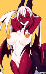 accessory anthro areola big_breasts biped breasts cute_fangs dragon eyebrow_through_hair eyebrows female genitals hair hair_accessory hairpin hi_res horn looking_at_viewer meowcaron midriff navel nipple_piercing nipples one_eye_closed open_mouth orange_eyes piercing pussy signature simple_background solo spade_tail translucent translucent_hair wings wink