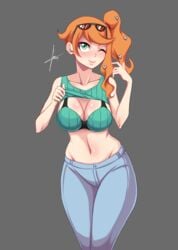 1girls big_breasts bra breasts eye_contact eyewear_on_head female looking_at_viewer nintendo one_eye_closed orange_hair pants pokemon pokemon_ss side_ponytail solo sonia_(pokemon) standing thick_thighs thighs tight_clothing tobyllitos wink