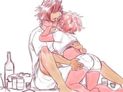 1boy 1girls 2020s 2021 alcohol ass_grab barefoot blush bottle closed_eyes denim_shorts drinks duo eijirou_kirishima female hand_on_ass hand_on_face hand_under_clothes indoors kirimina kissing leaning_forward making_out male male/female male_blushing mina_ashido my_hero_academia on_knees partially_colored passionate pink_hair pink_skin prelude romantic romantic_ambiance shirt_lift short_hair short_shorts shorts sitting straight suggestive sweet t-shirt tomboy white_clothing wholesome