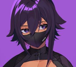 abs asymmetrical_hair bangs bare_midriff big_breasts black_bra black_hair black_legwear bra choker cleavage dark-skinned_female dark_hair dark_skin english_text female female_focus female_only hair_between_eyes hands_in_pockets large_breasts lilycious looking_away looking_to_the_side mask mask_on_head masked masked_female oc open_clothes purple_background purple_eyes purple_hair sitting solo solo_female solo_focus tagme void zipper zipper_pull_tab