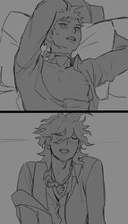 2boys after_party clothed clothed_sex danganronpa danganronpa_2:_goodbye_despair gay hinata_hajime implied_sex male male/male male_only nagito_komaeda on_bed open_clothes open_shirt rerengy straight_hair yaoi