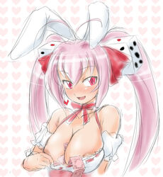 1girls animal_ears areola_slip blush breasts bunny_ears condom condom_packet_strip di_gi_charat dice female human jouwan large_breasts light-skinned_female light_skin long_hair pink_eyes pink_hair smile solo tan_skin twintails usada_hikaru