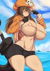 1girls 2021 alternate_body_type alternate_breast_size anchor arc_system_works areola_slip areolae arm_up big_breasts bike_shorts bikini_top black_shorts blue_sky blush breasts brown_eyes brown_hair erovsaaaka female female_focus female_only guilty_gear guilty_gear_strive hat hi_res hips huge_breasts jacket large_areolae long_hair looking_forward may_(guilty_gear) micro_bikini_top one_eye_closed orange_bikini orange_jacket outdoors pirate pirate_hat short_shorts shorts slim_waist solo thick_thighs thighs underboob water weapon wide_hips