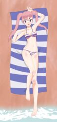 1girls alternate_costume bare_legs beach bikini enderg fire_emblem fire_emblem:_the_blazing_blade long_hair looking_at_viewer medium_breasts nintendo ocean on_back open_mouth pink_hair purple_bikini purple_eyes purple_swimsuit seaside serra_(fire_emblem) smile solo swimsuit towel twintails