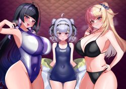 3girls ahoge bare_midriff bare_shoulders belly_button big_breasts bikini black_fur blue_eyes blush blush breath_cloud cleavage coat coat_open cone_hair_bun exposed_shoulders exposed_torso flat_chest gray_hair grey_hair hair_accessory hairclip hand_on_hip headwear karin_(a62826704) kotoka_torahime looking_at_viewer meloco_kyoran midriff navel nijisanji nijisanji_en one-piece_swimsuit one_piece_swimsuit pink_eyes pink_hair purple_eyes purple_hair small_breasts steam steamy_breath swimsuit swimwear tied_hair trio trio_female trio_focus twin_braids twin_buns two-piece_swimsuit two_piece_swimsuit violet_hair virtual_youtuber yellow_hair zaion_lanza